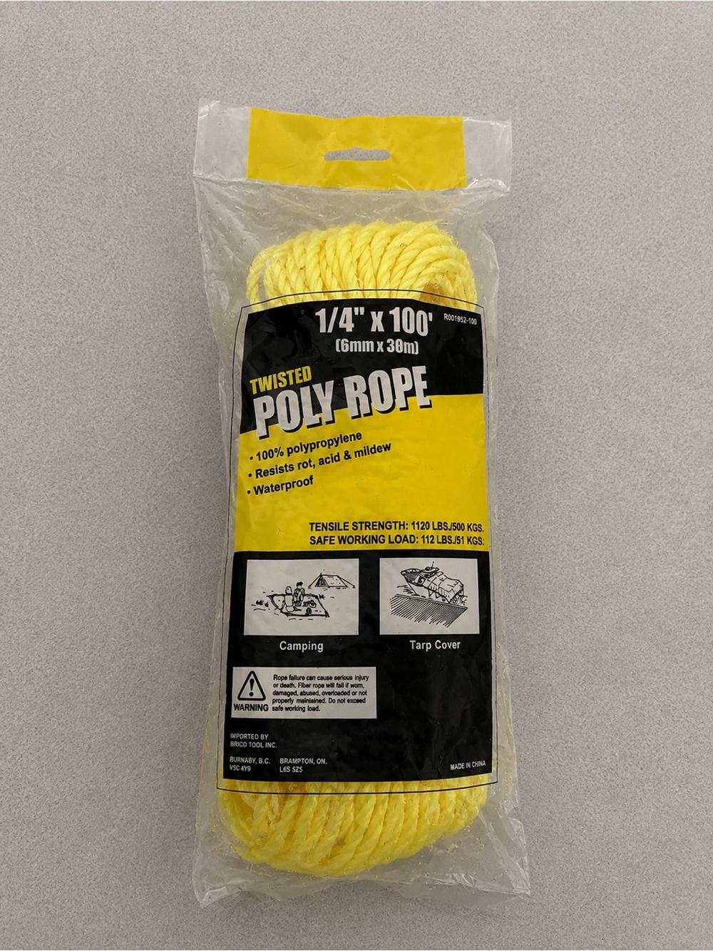 Twisted Poly Rope 1/4" x 100' - Yellow  polypropylene utility rope